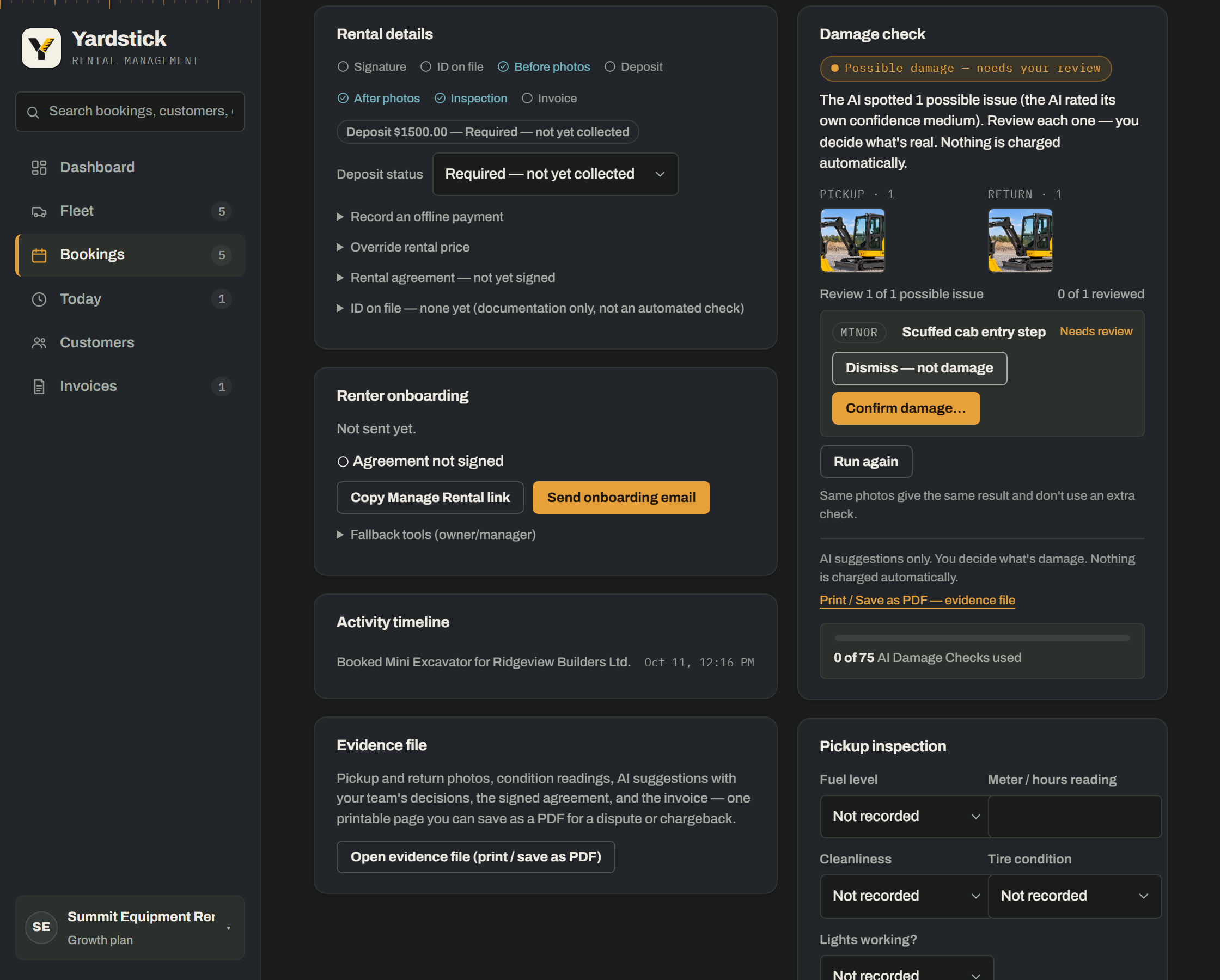 A returned rental's workspace: the rental details checklist and deposit status, the renter onboarding card, the activity timeline and evidence file, and the Damage check panel, where the AI has flagged one possible issue (a scuffed cab entry step, minor) with the pickup and return photos and Dismiss and Confirm buttons for the team's decision.