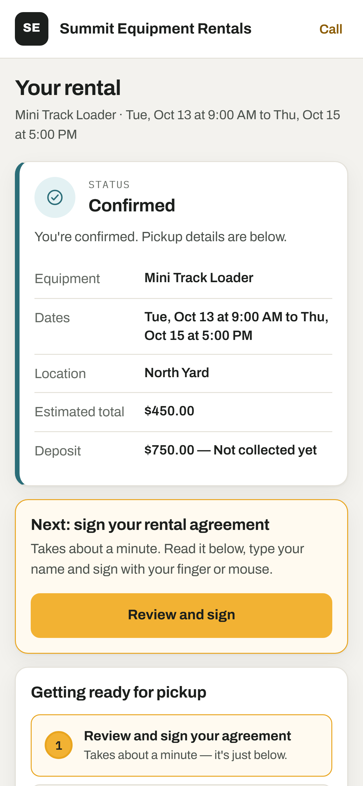 The Manage Rental page on a phone: a confirmed rental summary and the Getting ready for pickup steps: sign your agreement, then you're all set (this rental doesn't need an ID check).