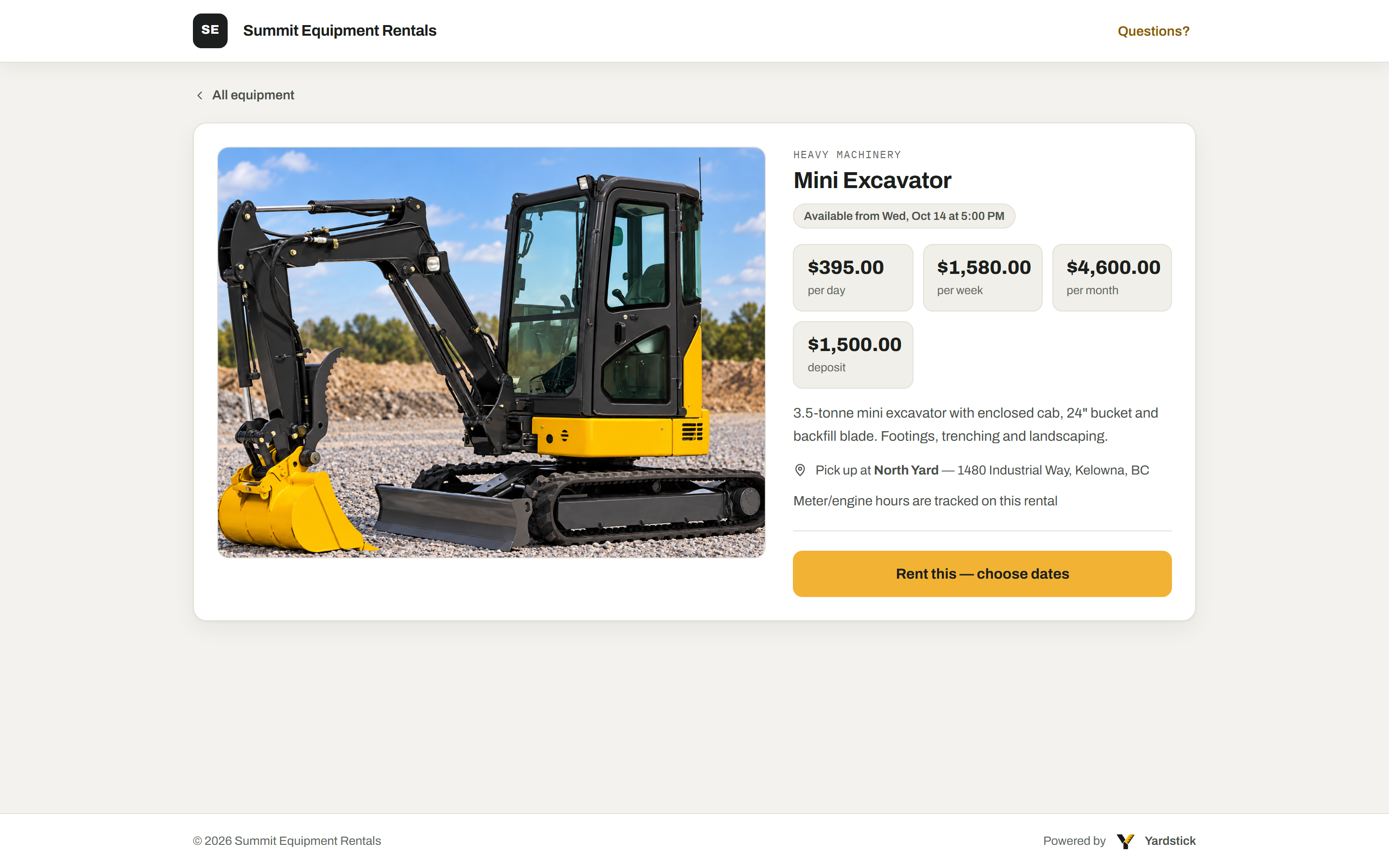 A unit's page on the storefront: the mini excavator's photo, when it's next available, its day, week and month rates and deposit, a short description, the pickup yard, and a Rent this, choose dates button that opens the date picker.