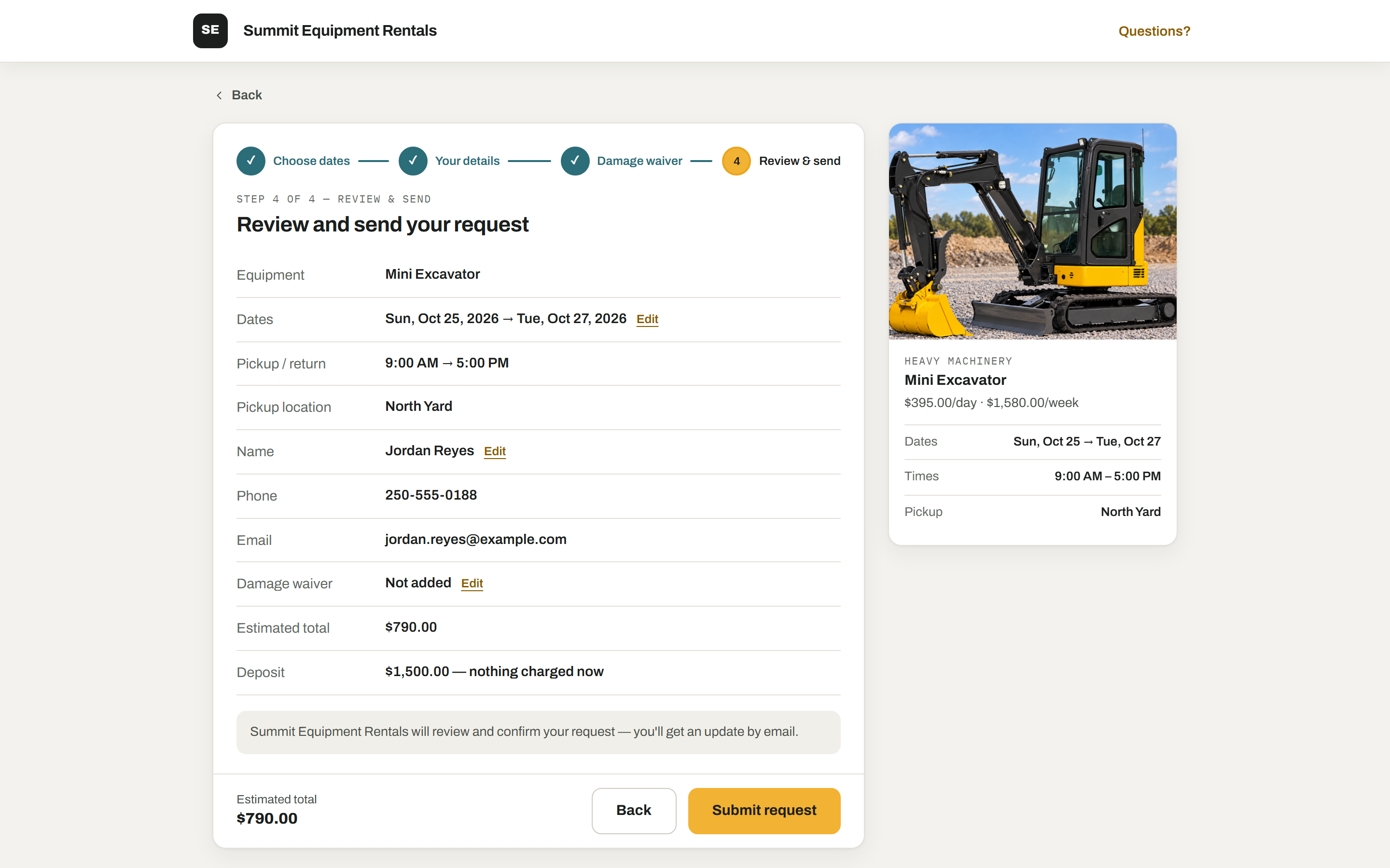 The storefront's review step for the mini excavator: the four steps across the top (choose dates, your details, damage waiver, review and send), then equipment, dates, pickup and return times, pickup yard, name, phone, email, waiver choice, estimated total and deposit, with a Submit request button and the unit's summary card beside it.